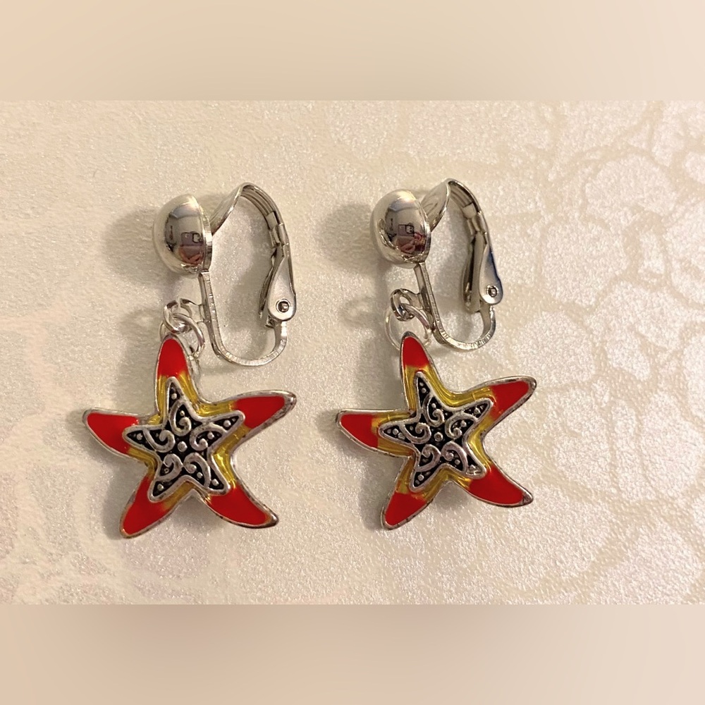 Hand Crafted Red and Gold Starfish Clip-On Earrings